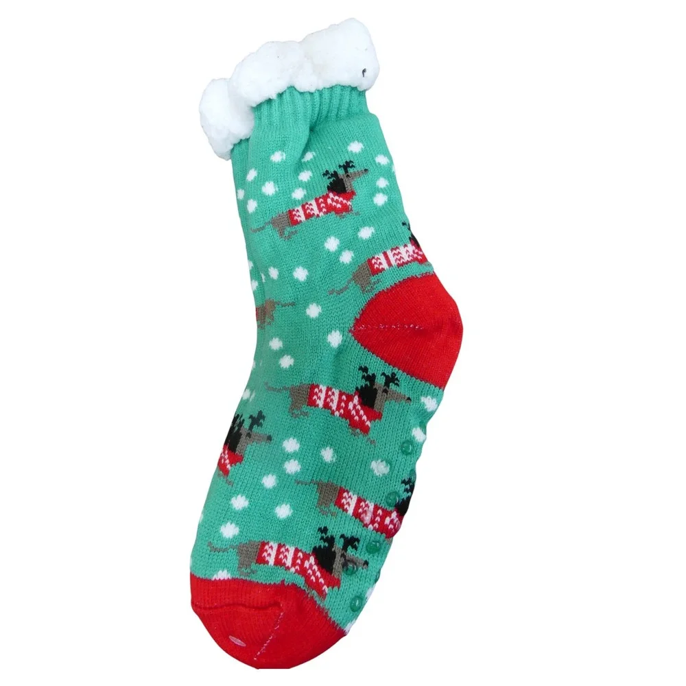 Warm & Snuggly Slipper Socks Womens One Size Green New Dachshund Faux Fur Lined